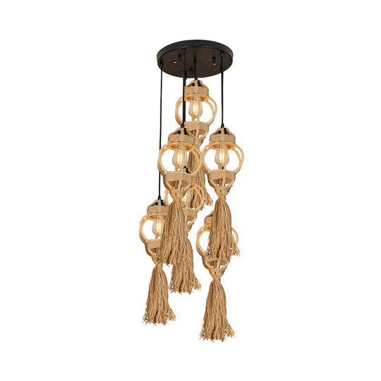 Rustic Hand-Crafted Kitchen Ceiling Light: Farmhouse Hemp Rope Pendant with Brown Cluster, 3/6-Head Design & Round/Linear Canopy