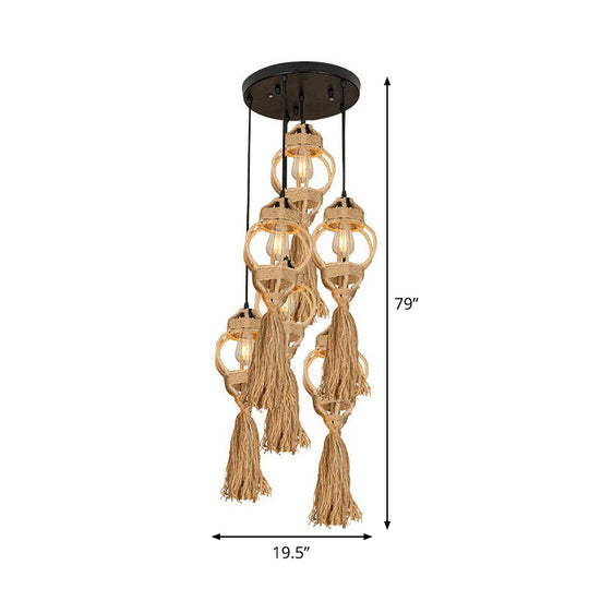 Rustic Hand-Crafted Kitchen Ceiling Light: Farmhouse Hemp Rope Pendant with Brown Cluster, 3/6-Head Design & Round/Linear Canopy