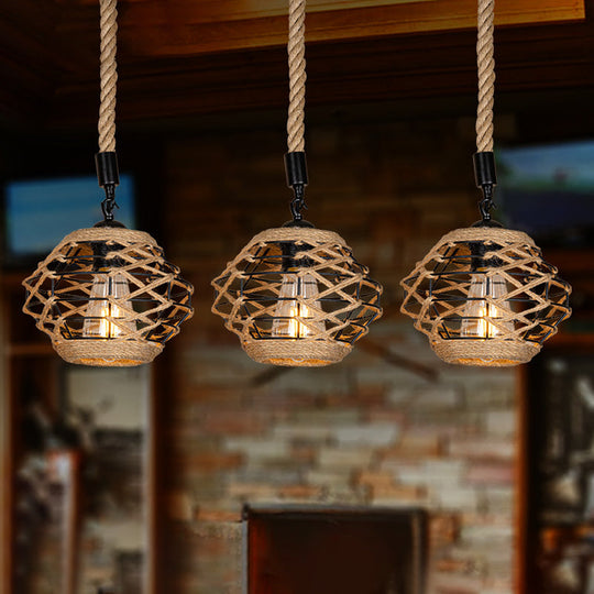 Rustic Rope Pendant Light With Elliptical Shape - 3/6 Lights Brown Round/Linear Canopy / Linear