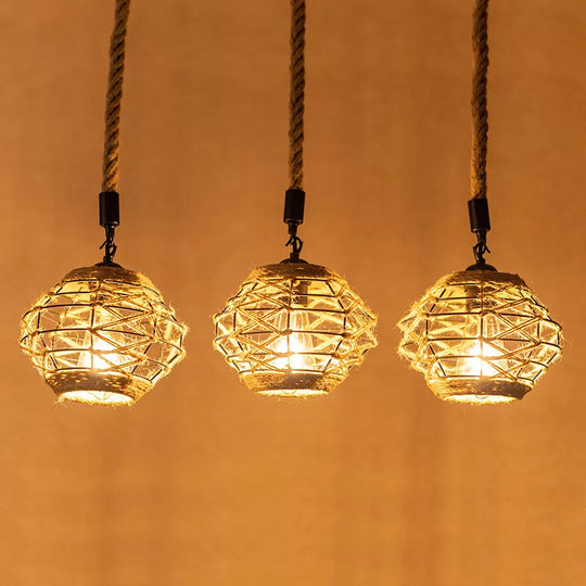 Rustic Rope Pendant Light With Elliptical Shape - 3/6 Lights Brown Round/Linear Canopy