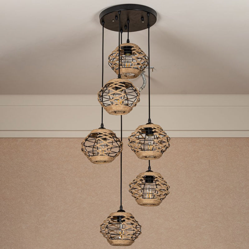 Rustic Rope Pendant Light With Elliptical Shape - 3/6 Lights Brown Round/Linear Canopy