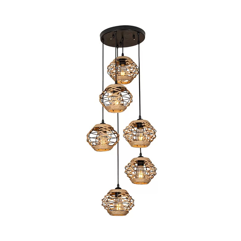 Rustic Rope Pendant Light With Elliptical Shape - 3/6 Lights Brown Round/Linear Canopy