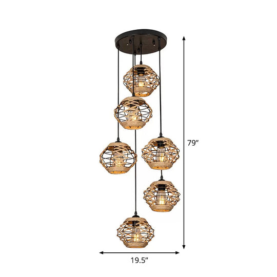 Rustic Rope Pendant Light With Elliptical Shape - 3/6 Lights Brown Round/Linear Canopy