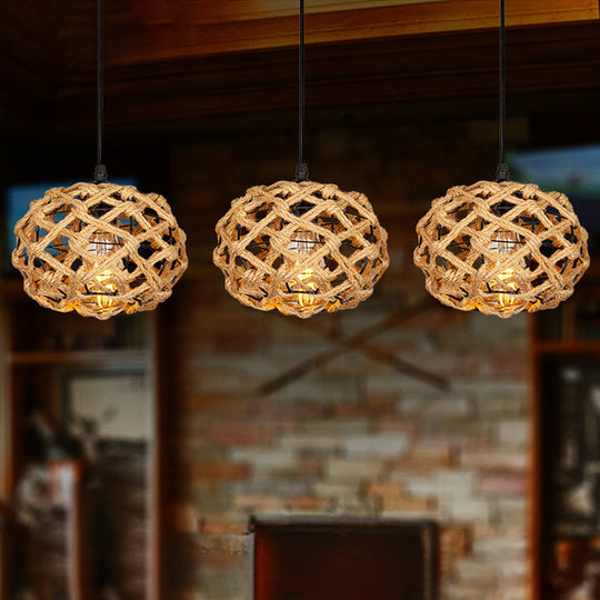 Brown Cross-Woven Rope Pendant Light With Oval Cluster Design - Cottage Kitchen Bar Ceiling Fixture