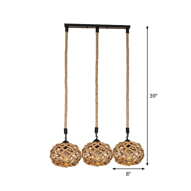 Brown Cross-Woven Rope Pendant Light With Oval Cluster Design - Cottage Kitchen Bar Ceiling Fixture