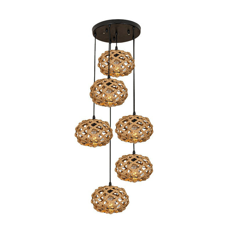 Brown Cross-Woven Rope Pendant Light With Oval Cluster Design - Cottage Kitchen Bar Ceiling Fixture