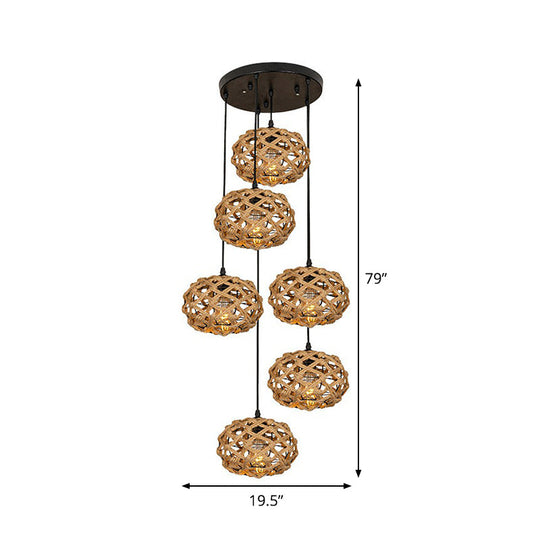 Brown Cross-Woven Rope Pendant Light With Oval Cluster Design - Cottage Kitchen Bar Ceiling Fixture