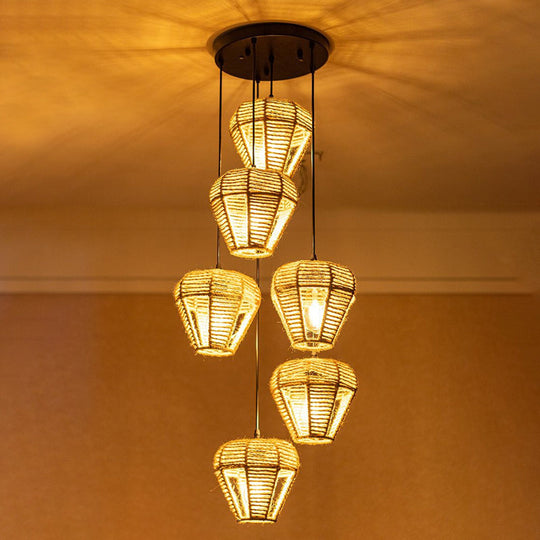 Rustic Brown Hemp Rope Pendant Light Fixture with Inverted Droplets - Multi-Light Option