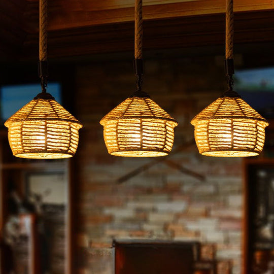 Rustic Brown Barn Pendant Lamp With Rope Cluster - 3/6 Lights Round/Linear Canopy For Dining Room