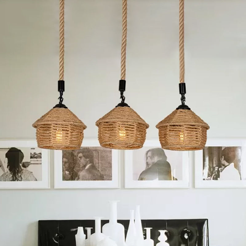 Rustic Brown Barn Pendant Lamp With Rope Cluster - 3/6 Lights Round/Linear Canopy For Dining Room