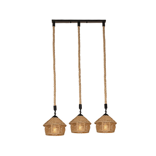 Rustic Brown Barn Pendant Lamp Cluster – Rural Rope Design – 3/6 Lights – Ceiling Suspension – Round/Linear Canopy – Dining Room