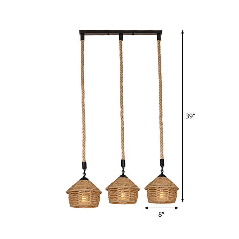 Rustic Brown Barn Pendant Lamp Cluster – Rural Rope Design – 3/6 Lights – Ceiling Suspension – Round/Linear Canopy – Dining Room