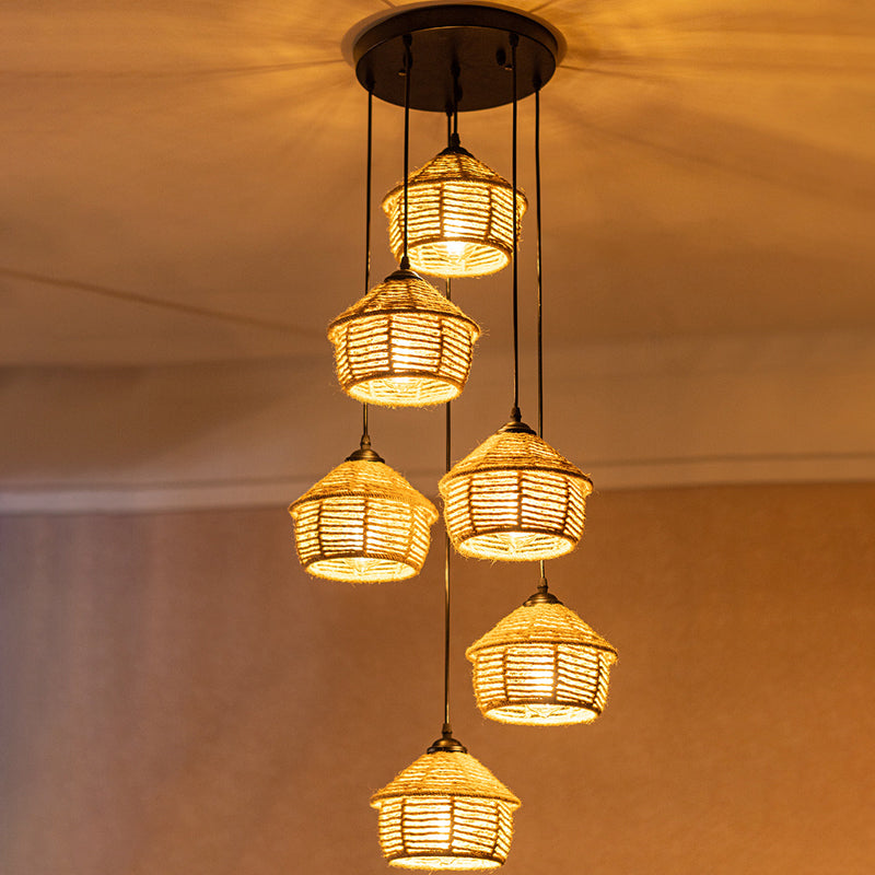 Rustic Brown Barn Pendant Lamp With Rope Cluster - 3/6 Lights Round/Linear Canopy For Dining Room