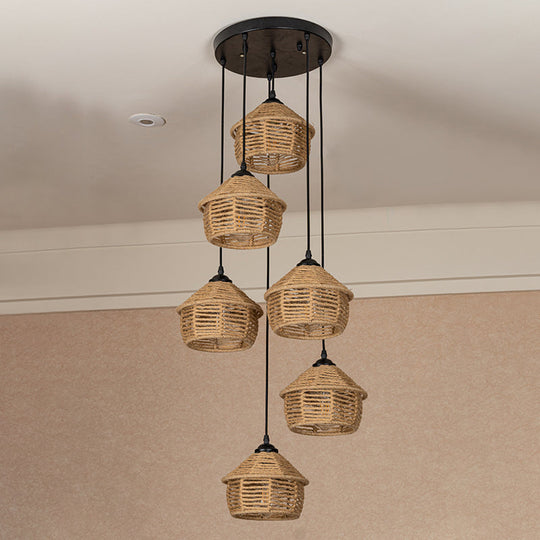 Rustic Brown Barn Pendant Lamp Cluster – Rural Rope Design – 3/6 Lights – Ceiling Suspension – Round/Linear Canopy – Dining Room