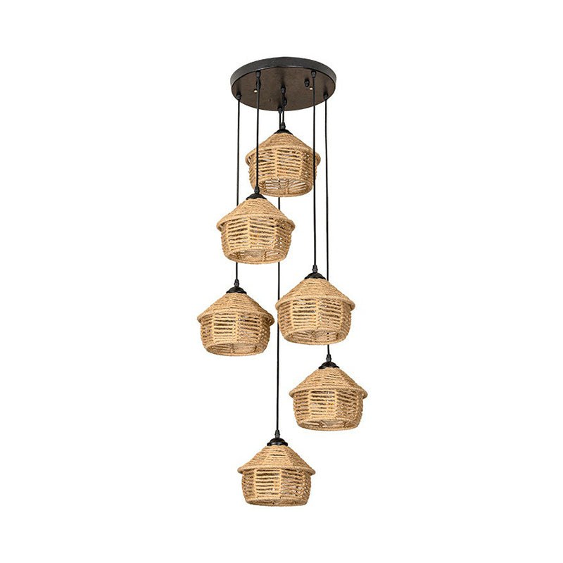 Rustic Brown Barn Pendant Lamp Cluster – Rural Rope Design – 3/6 Lights – Ceiling Suspension – Round/Linear Canopy – Dining Room