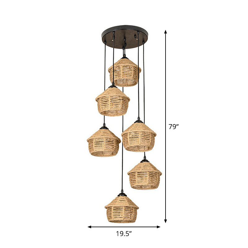 Rustic Brown Barn Pendant Lamp Cluster – Rural Rope Design – 3/6 Lights – Ceiling Suspension – Round/Linear Canopy – Dining Room