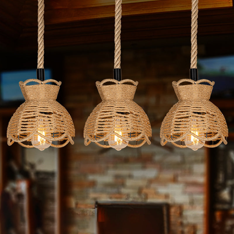 Hemp Farmhouse Bistro Pendant Lamp With Scalloped Trim - Round/Linear Cluster Bowl 3/6-Head Brown