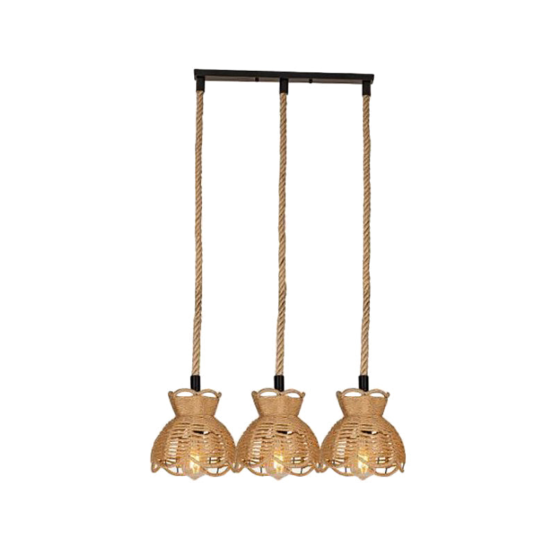 Farmhouse Hemp Bistro Pendant - Round/Linear 3/6-Head Brown Multi Hanging Lamp with Scalloped Trim