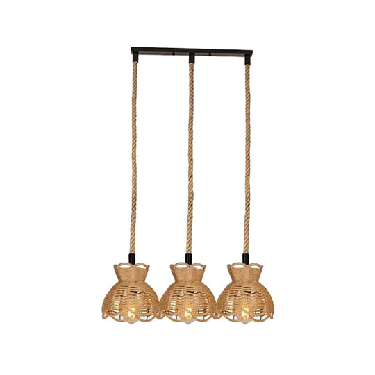 Farmhouse Hemp Bistro Pendant - Round/Linear 3/6-Head Brown Multi Hanging Lamp with Scalloped Trim