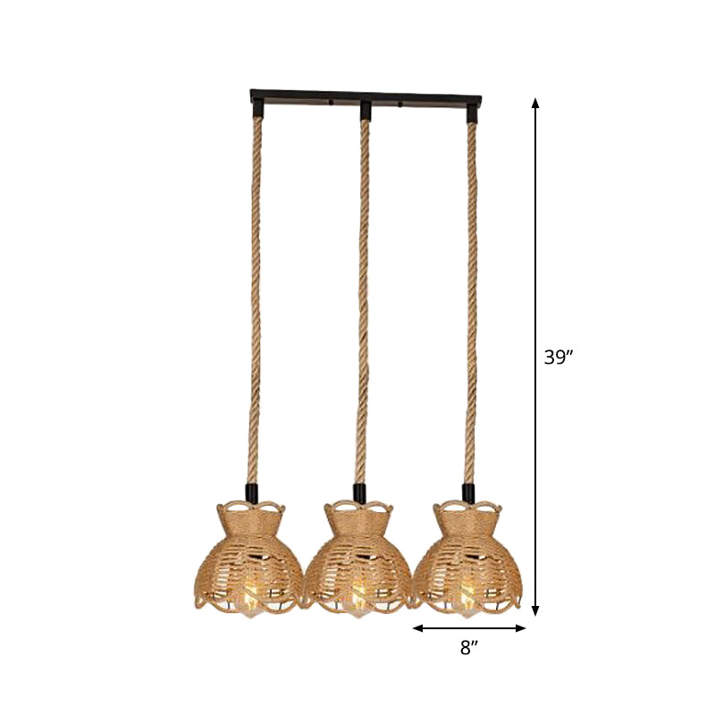 Farmhouse Hemp Bistro Pendant - Round/Linear 3/6-Head Brown Multi Hanging Lamp with Scalloped Trim