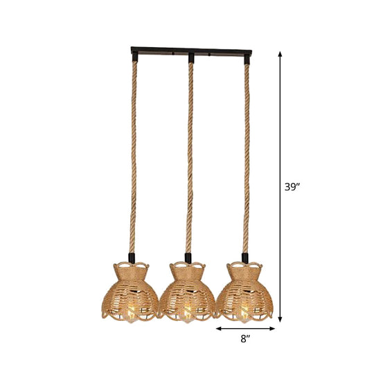 Farmhouse Hemp Bistro Pendant - Round/Linear 3/6-Head Brown Multi Hanging Lamp with Scalloped Trim