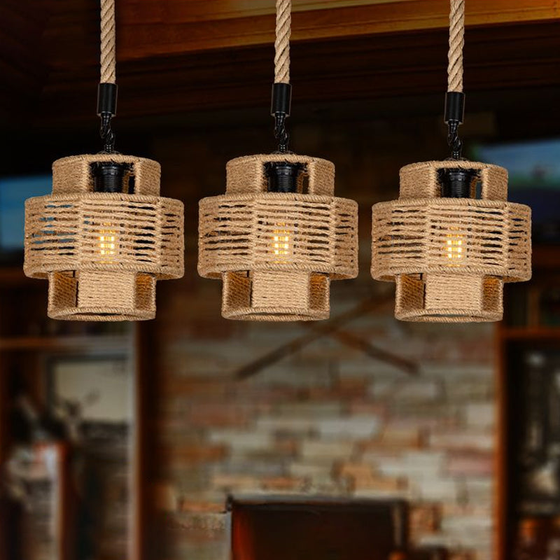 Lodge Style Pendant Light With Double Shade In Brown - Round/Linear Canopy 3/6 Lights Roped Hanging