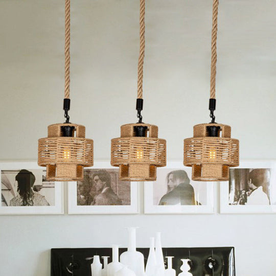 Lodge Style Pendant Light With Double Shade In Brown - Round/Linear Canopy 3/6 Lights Roped Hanging