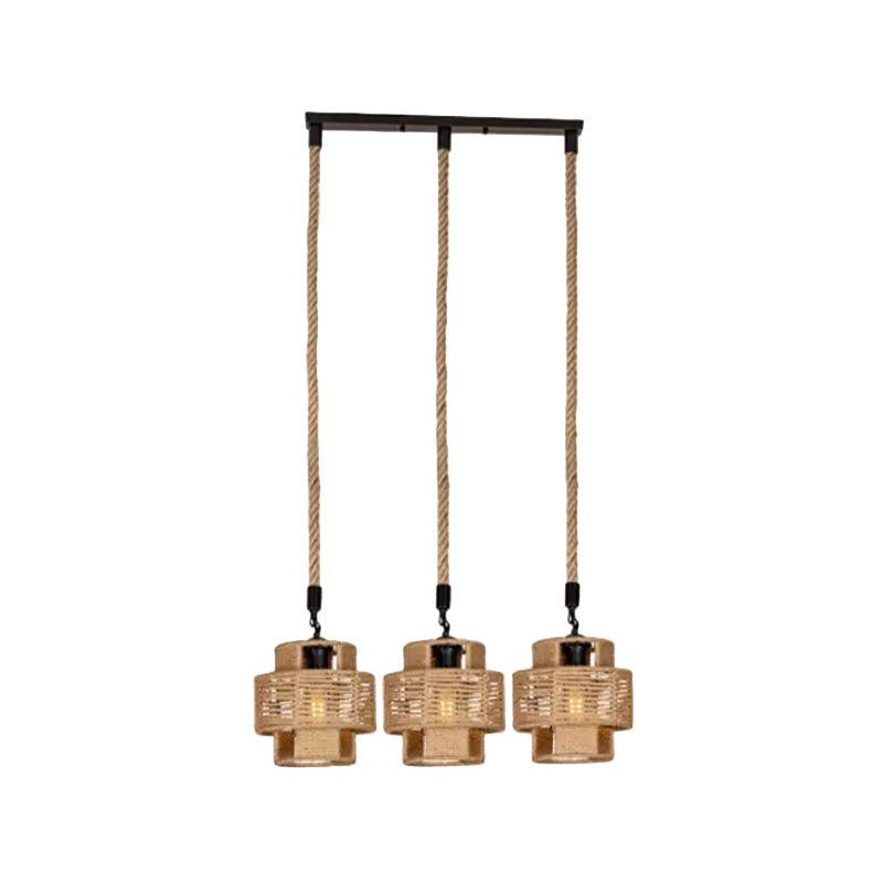 Lodge Style Pendant Light With Double Shade In Brown - Round/Linear Canopy 3/6 Lights Roped Hanging