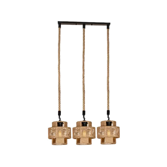 Lodge Style Pendant Light With Double Shade In Brown - Round/Linear Canopy 3/6 Lights Roped Hanging