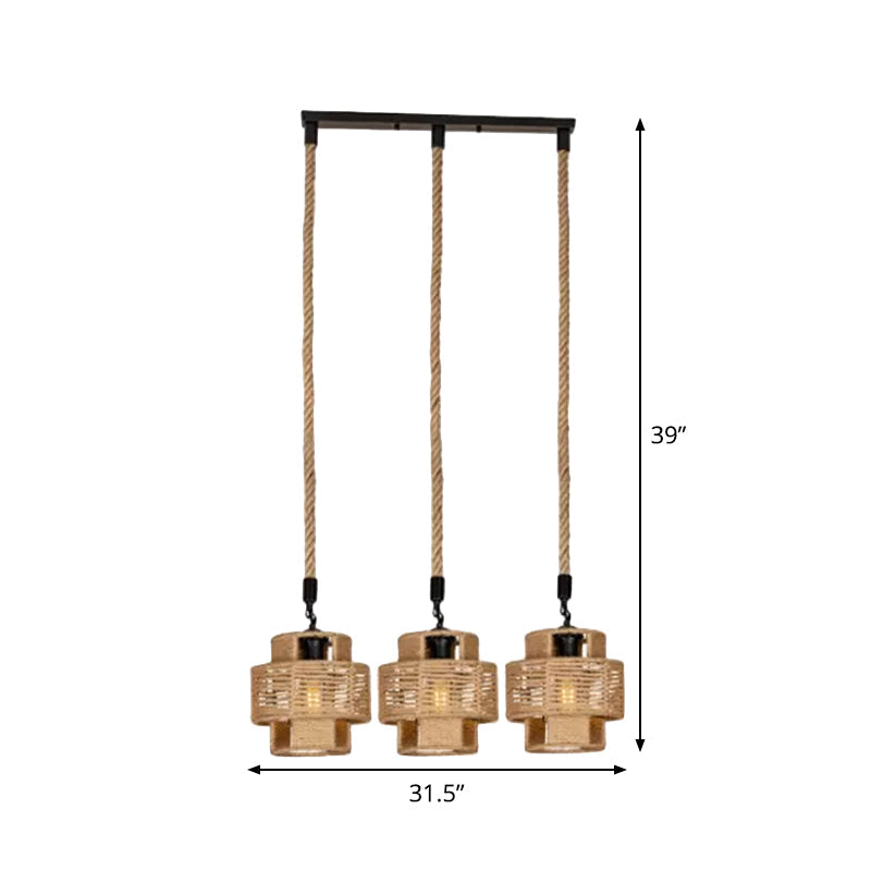 Lodge Style Pendant Light With Double Shade In Brown - Round/Linear Canopy 3/6 Lights Roped Hanging