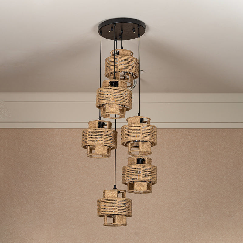 Lodge Style Pendant Light With Double Shade In Brown - Round/Linear Canopy 3/6 Lights Roped Hanging