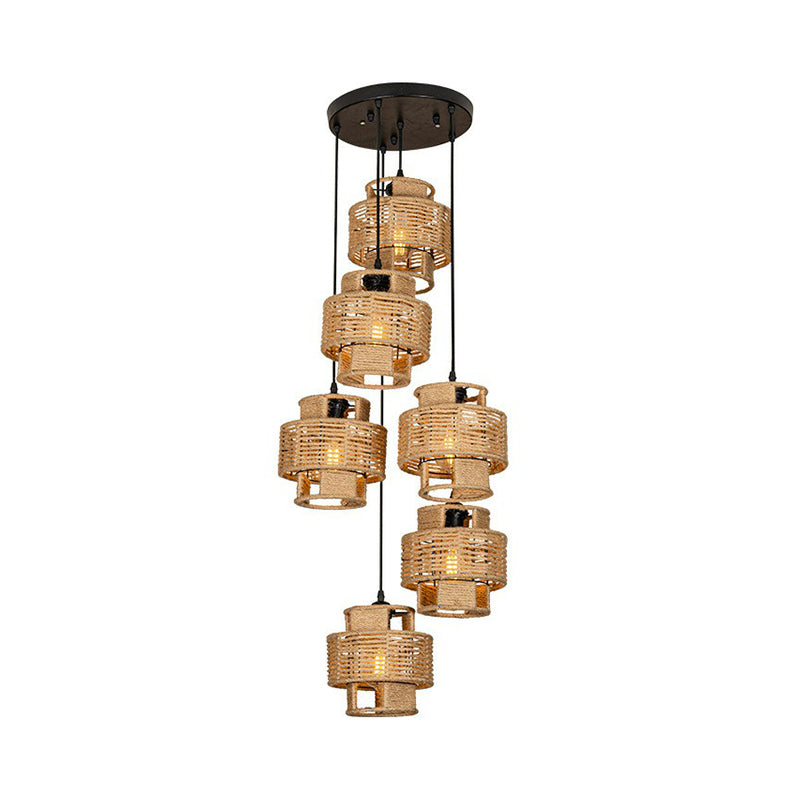 Lodge Style Pendant Light With Double Shade In Brown - Round/Linear Canopy 3/6 Lights Roped Hanging