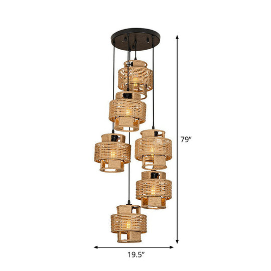 Lodge Style Pendant Light With Double Shade In Brown - Round/Linear Canopy 3/6 Lights Roped Hanging