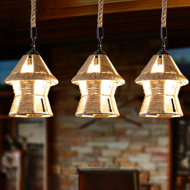 Country Cabin Pendant Lamp With Hand-Wrapped Rope Cluster And Multiple Bulbs - Brown Finish / Linear