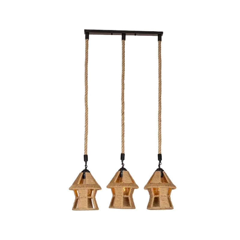 Country Cabin Pendant Lamp With Hand-Wrapped Rope Cluster And Multiple Bulbs - Brown Finish