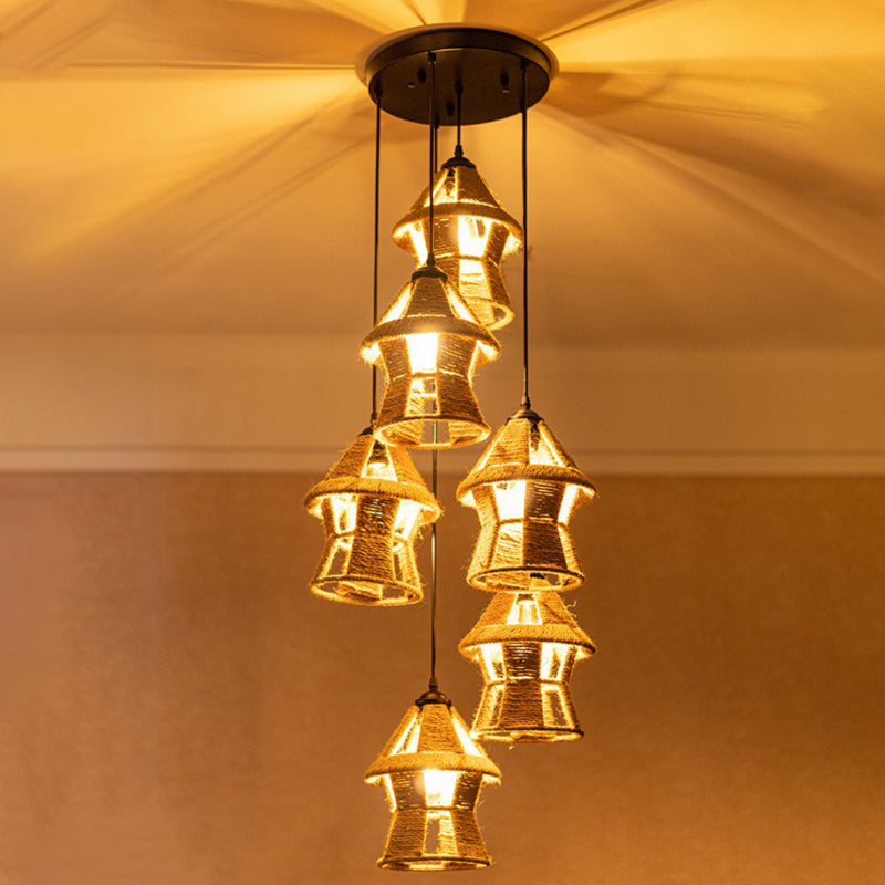 Country Cabin Pendant Lamp With Hand-Wrapped Rope Cluster And Multiple Bulbs - Brown Finish / Round