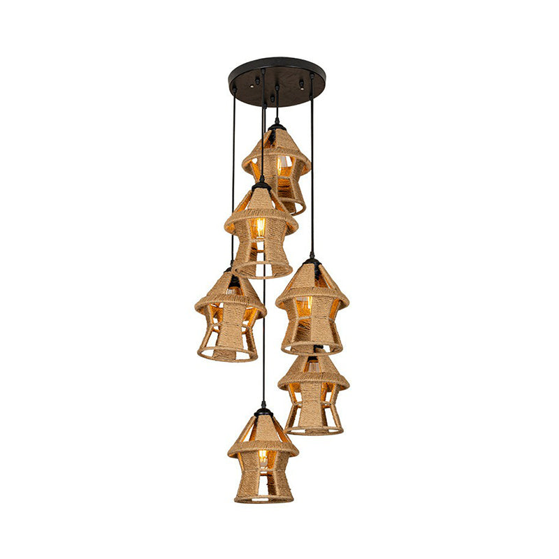 Country Cabin Pendant Lamp With Hand-Wrapped Rope Cluster And Multiple Bulbs - Brown Finish