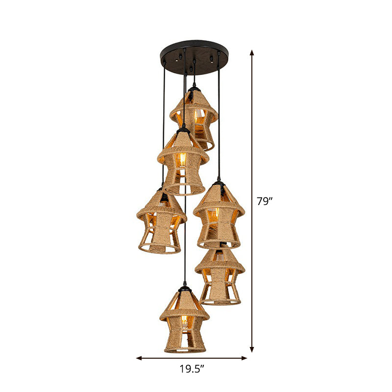 Country Cabin Pendant Lamp With Hand-Wrapped Rope Cluster And Multiple Bulbs - Brown Finish