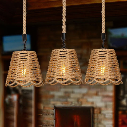 Rustic Rope Brown Pendant Light with Scalloped Trim and Multiple Tapered Heads