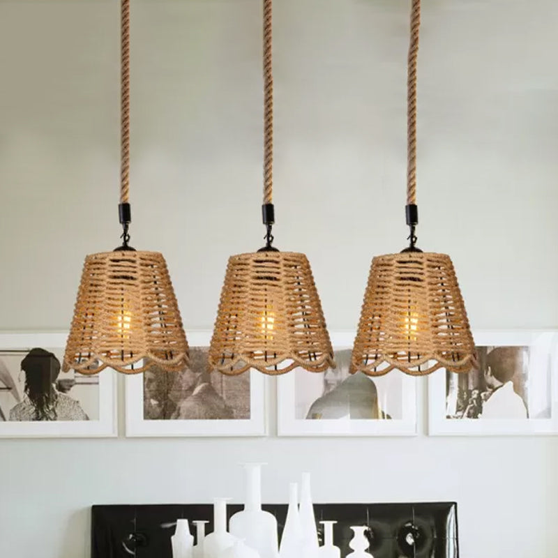 Rustic Rope Brown Pendant Light with Scalloped Trim and Multiple Tapered Heads