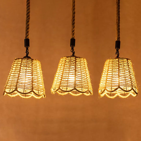 Rustic Brown Rope Pendant Lighting - Scalloped Trimmed 3/6-Head Multi Ceiling Light