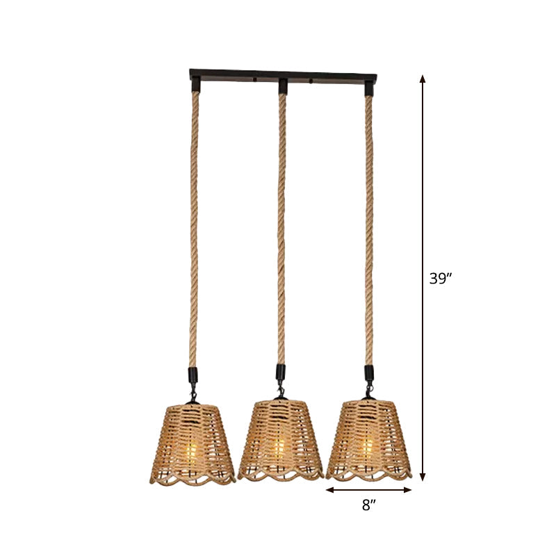 Rustic Brown Rope Pendant Lighting - Scalloped Trimmed 3/6-Head Multi Ceiling Light