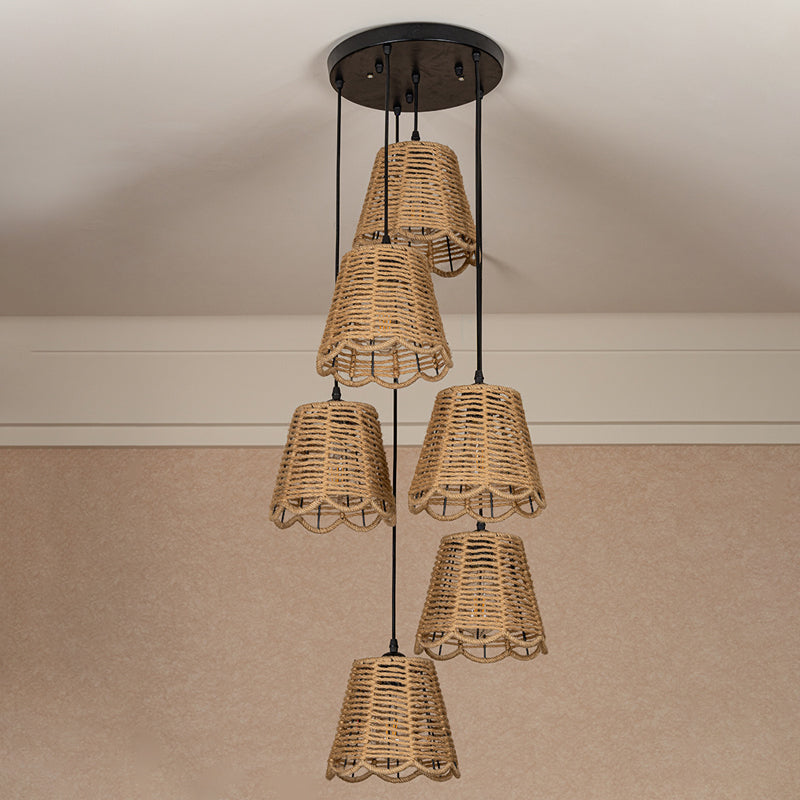 Rustic Rope Brown Pendant Light with Scalloped Trim and Multiple Tapered Heads