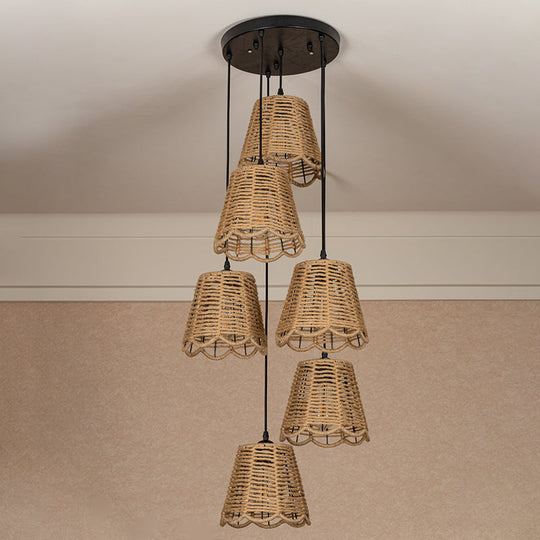 Rustic Brown Rope Pendant Lighting - Scalloped Trimmed 3/6-Head Multi Ceiling Light