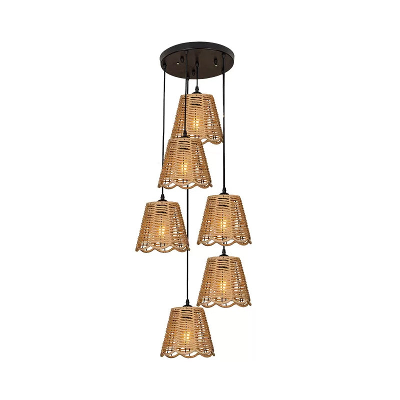 Rustic Rope Brown Pendant Light with Scalloped Trim and Multiple Tapered Heads