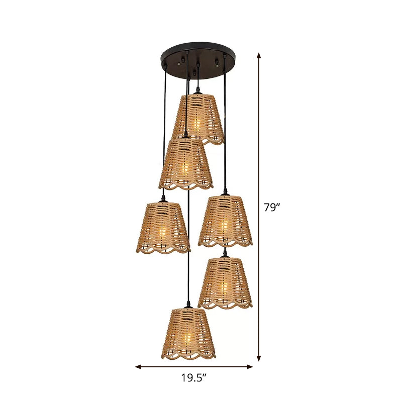 Rustic Rope Brown Pendant Light with Scalloped Trim and Multiple Tapered Heads