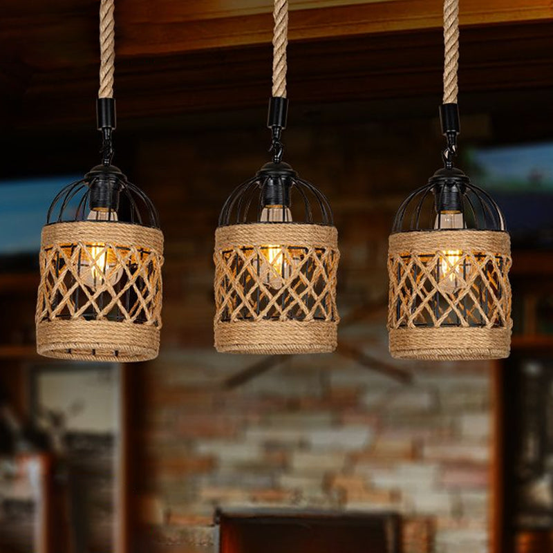 Cluster Pendant Light With Birdcage Design And Woven Rope In Brown - Available 3 Or 6 Heads / Linear