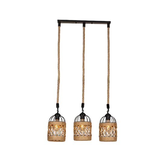 Lodge Birdcage Pendant Light Kit – Criss-Cross Woven Rope, Brown – 3/6 Heads Cluster – Round/Linear Canopy