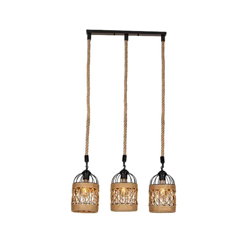 Cluster Pendant Light With Birdcage Design And Woven Rope In Brown - Available 3 Or 6 Heads