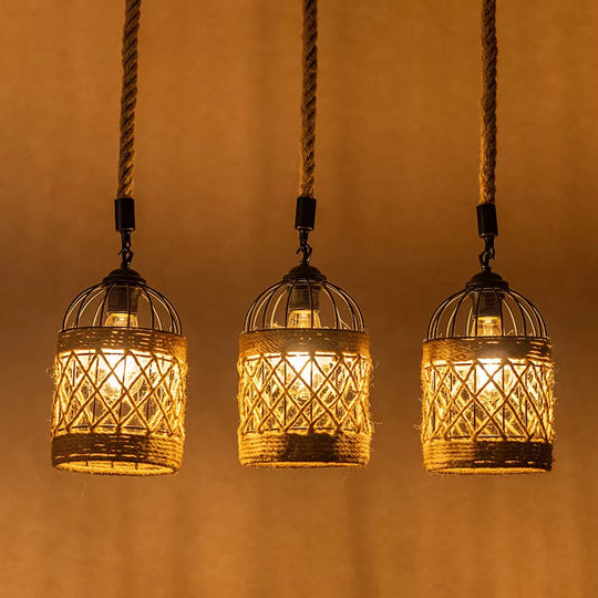 Cluster Pendant Light With Birdcage Design And Woven Rope In Brown - Available 3 Or 6 Heads